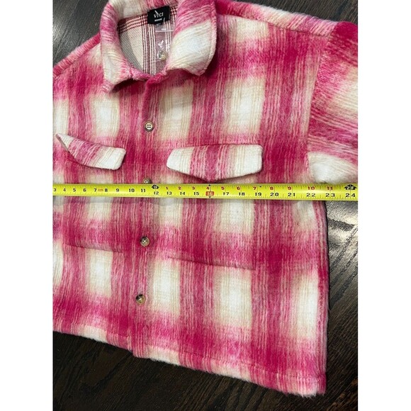 VICI Shacket Women’s Medium Harper Pink Plaid Fuzzy Crop Shirt Jacket Button Up - Picture 7 of 7